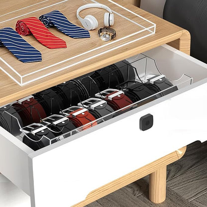 Large Acrylic Belt Organizer with Dust Lid, Clear Belt Storage for Closet and Drawer, 14 Compartments Belt Box Holder for Singers, Men, Women (Dual Rows,14 Compartments)