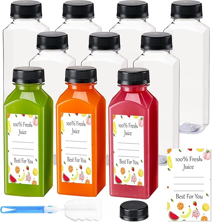 Juice Bottles with Caps 10Pcs 12oz, Plastic Bottleswith Caps, Clear Reusable Water Bottle, Used for Juicing Bottles, Smoothie Bottle, Juice Containers - with 10Pcs Labels & Bottle Brush