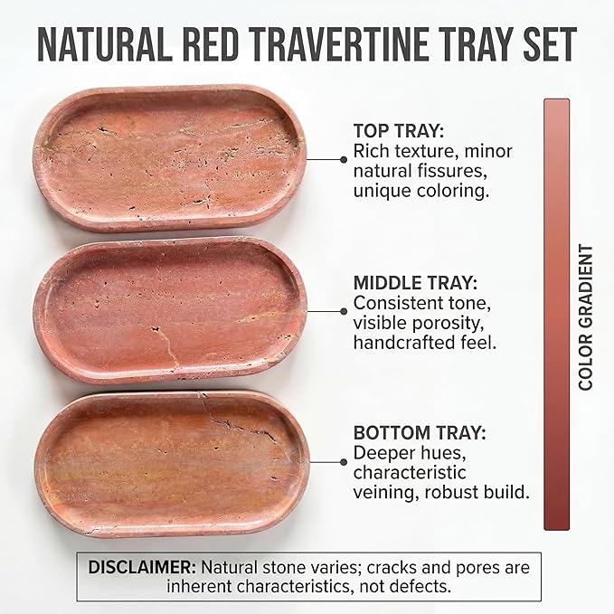 YKAJO Oval Real Marble Tray for Bathroom Kitchen Counter Stone Decorative Vanity Tray for Dresser Perfume Heavy Catchall Organizer for Soap Jewelry (Rosso Levanto Red, 11.8" x 5.9")