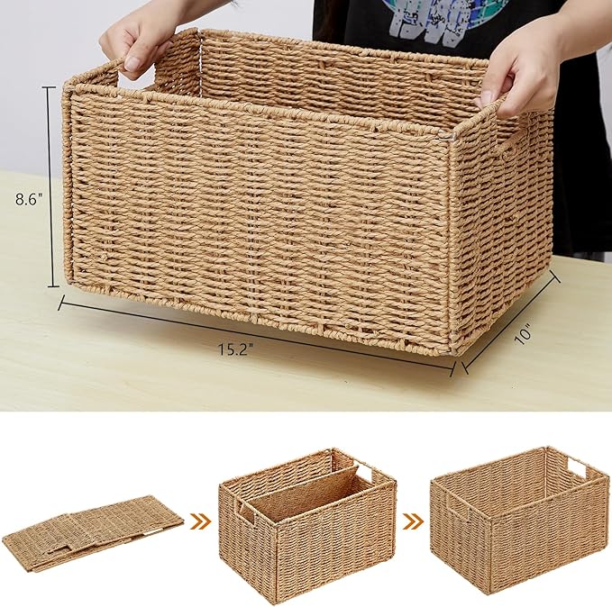 Vagusicc Wicker Storage Basket, Set of 2 Hand-Woven Paper Rope Wicker Basket, Small Storage Baskets for Organizing Toilet Paper Basket, Foldable Large Cube Storage Organizer Bins for Shelves (Natural)