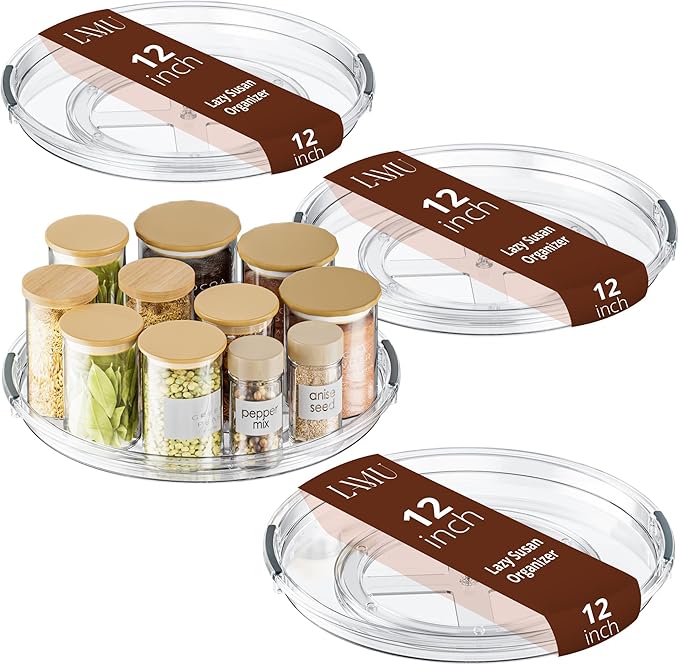 LAMU 12 Inch Lazy Susan Turntable, 360° Rotating Organizer Storage for Cabinet & Table Top, Pantry, Fridge, Bathroom, 4 Pack Clear Spice Rack, Kitchen Storage Tray for Medicine & Countertop