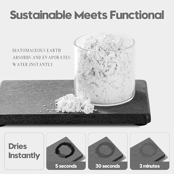 4PCS Water Absorbing Sponge Holder Diatomite Stone Sink Tray Mat, Quick Drying Kitchen & Bathroom Counter Tray Vanity Caddy, Diatomaceous Earth Dish Soap Dispenser Organizer, Dark Gray
