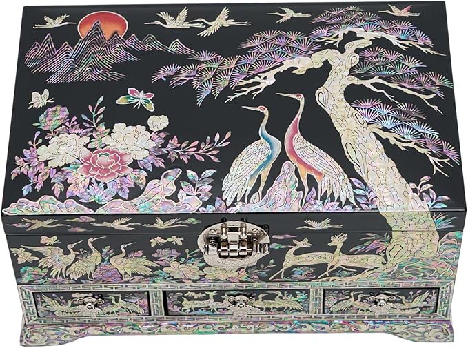 February Mountain Lockable Korean Mother-of-Pearl Jewelry Box - Najeon Chilgi Lacquerware with Crane and Floral Design, Vibrant Black Finish, Handmade (Black)