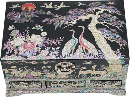 February Mountain Lockable Korean Mother-of-Pearl Jewelry Box - Najeon Chilgi Lacquerware with Crane and Floral Design, Vibrant Black Finish, Handmade (Black)