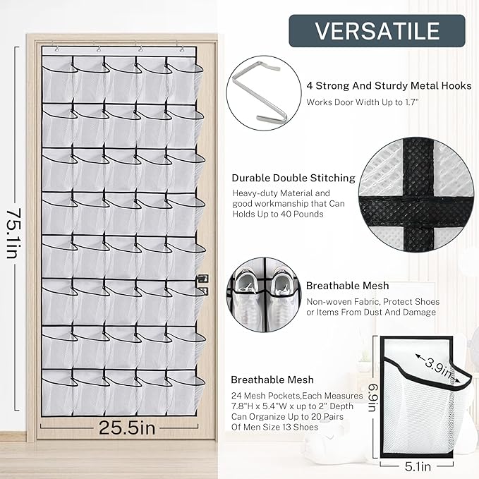 Over the Door Shoe Organizer,40-Pocket Hanging Shoe Rack for Closet Door,Shoes Storage Holder Hanger with Large Mesh Pocket for Women Men Shoes,Flip Flops(Black)