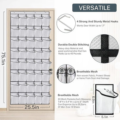40-Pocket Over the Door Shoe Organizer - Large Mesh Pocket Hanging Shoe Rack for Door, Shoes Storage Holder Sturdy Non-woven Fabric - Stores 20 Pairs (White02)