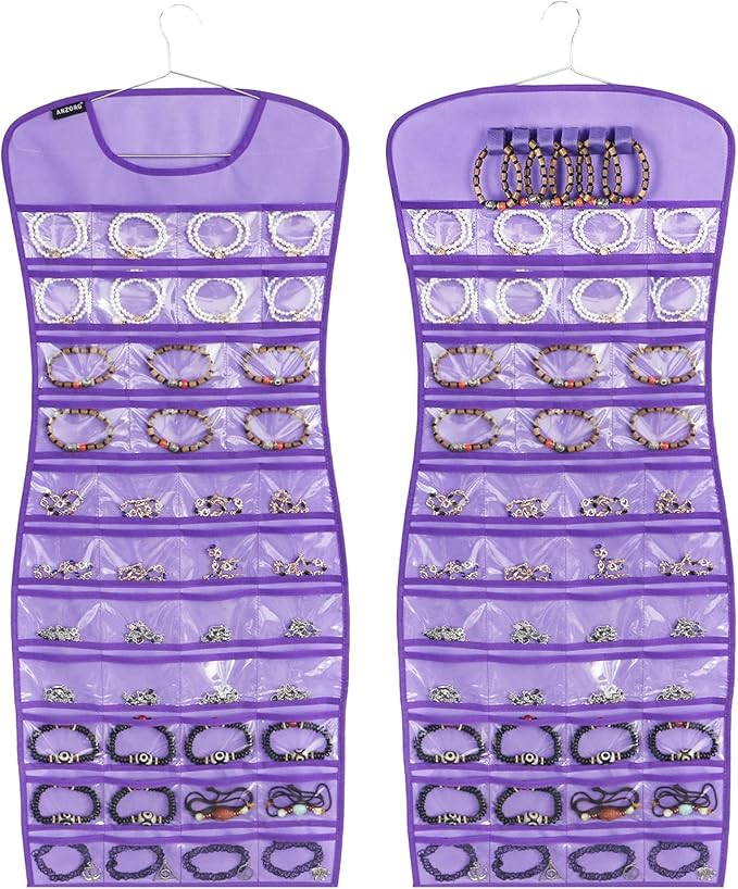 Hanging Jewelry Organizer Dual Sided 84 Clear Pockets and 6 Hook Loops Storage for Holding Jewelries Hair Accessories Dress Shaped Earring Holder (84 Pockets and 6 Hook Loops -Purple)