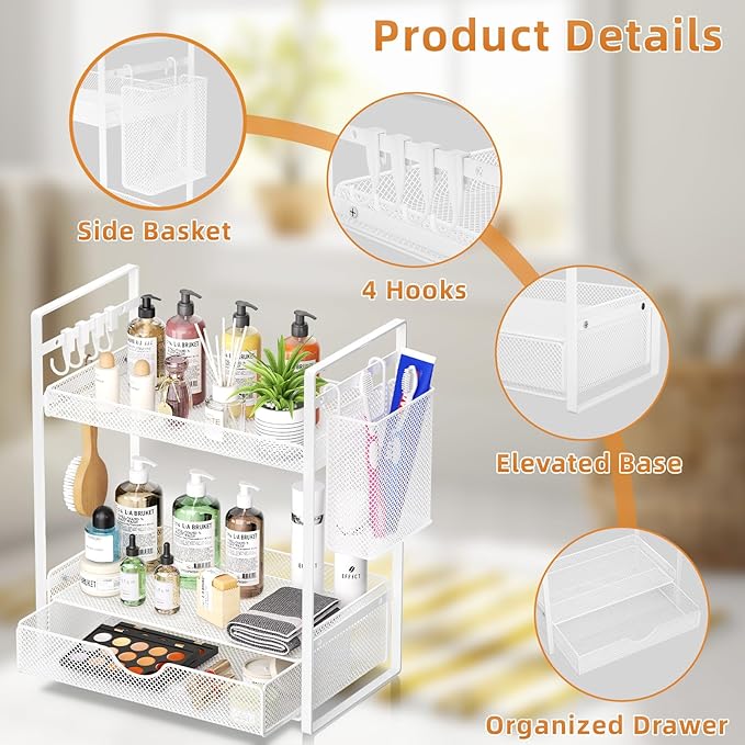 VITVITI 2 Tier Bathroom Organizer Countertop with Drawer, Metal Mesh Bathroom Counter Vanity Organizer Storage, Bath Room Shelf Sink Kitchen Spice Rack with Basket Hooks, White