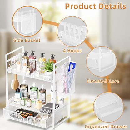 VITVITI 2 Tier Bathroom Organizer Countertop with Drawer, Metal Mesh Bathroom Counter Vanity Organizer Storage, Bath Room Shelf Sink Kitchen Spice Rack with Basket Hooks, White