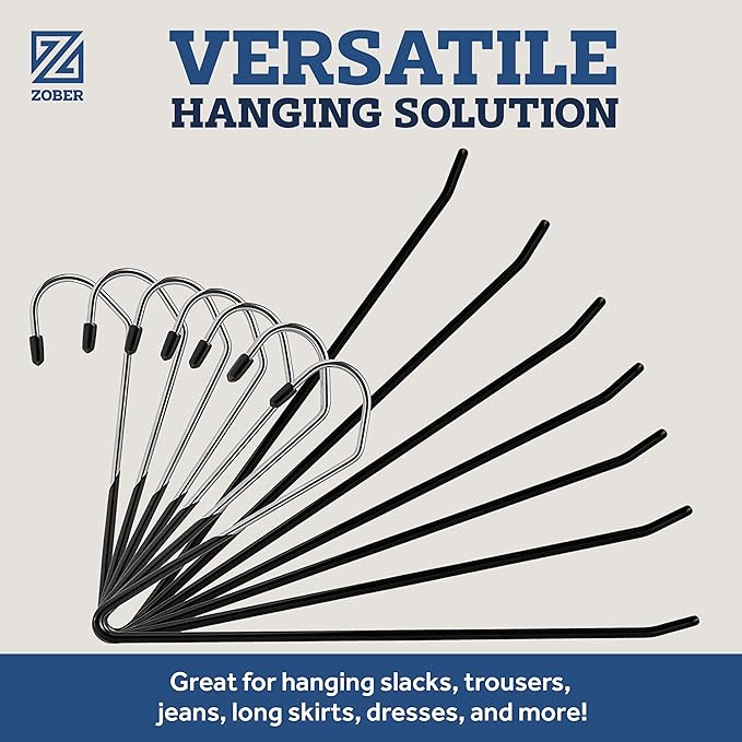 Zober Pants Hangers Non Slip - Open Ended Pants and Jean Hangers for Closet - Space Saving Clothes Hanger - Strong, Durable, Metal Pant Hangers (Black)