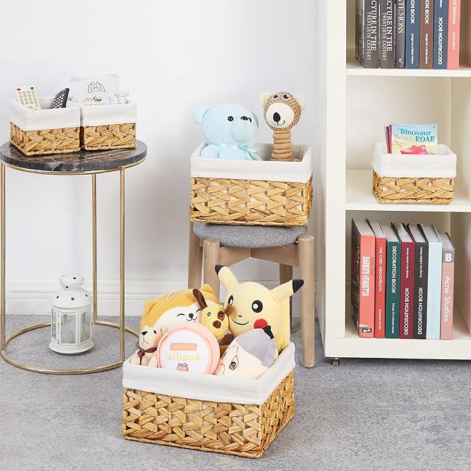 Vagusicc Wicker Storage Basket, 5 Pack Baskets for Organizing, Water Hyacinth Storage Baskets, Rectangular Wicker Baskets for Storage Shelves, Cube Storage Bins For Closet/Clothes/Dresser