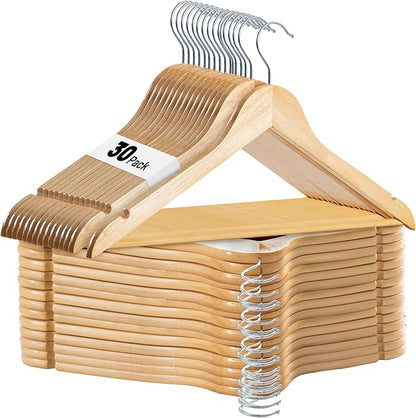 LUX Decor Wooden Hangers 30 Pack - Non-Slip Coat & Suit Hangers with 360° Swivel Hook, Smooth Finish, Heavy Duty Natural Color Clothes Hangers for Jacket, Shirt, Pants