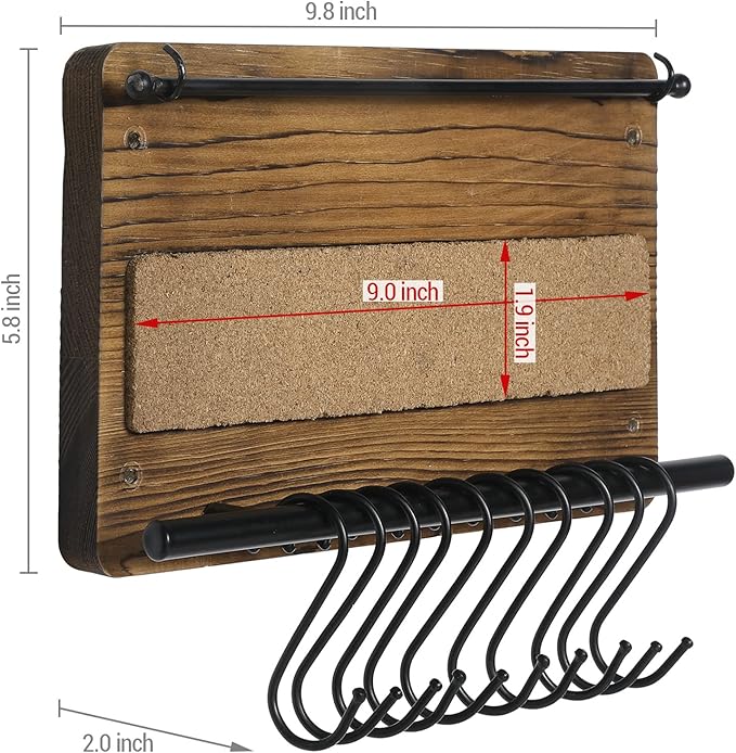 MyGift Wall Mounted Jewelry Organizer, Burnt Wood and Black Metal Necklace Holder, Bracelet, Earring Display Storage Rack with 10 Hanging S-Hooks
