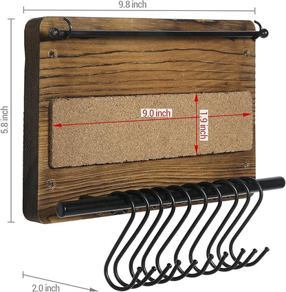 MyGift Wall Mounted Jewelry Organizer, Burnt Wood and Black Metal Necklace Holder, Bracelet, Earring Display Storage Rack with 10 Hanging S-Hooks