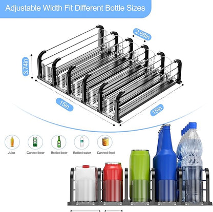Automatic Drink Organizer for Fridge, Refrigerator Soda Can Dispenser & Beverage Pusher Glide for Pantry, Cooler & Kitchen, Self-Pushing Drink Holder for Soda, Beer, Seltzer - Black, 5 Rows-15"D