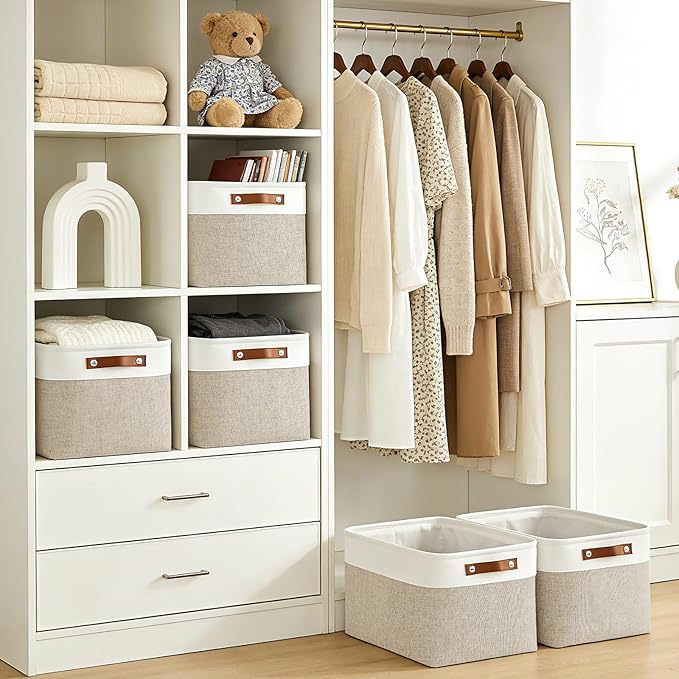 Bagnizer Storage Bins Large Fabric Storage Baskets for Shelves 3 Pack, Decorative Linen Closet Baskets with Handles for Organizing, Shelf, Clothes, Home, Office, 15x11x9.5Inches (Beige&White)