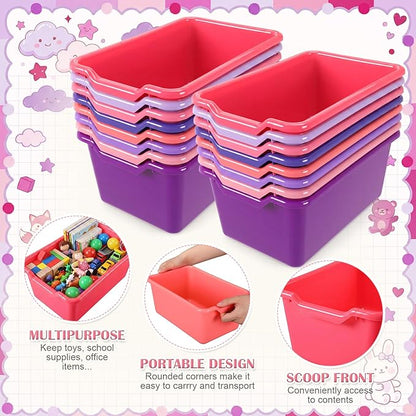 Dandat 16 Pcs Plastic Book Bins for Classroom Library Cubby Bins Scoop Front Stackable Toy Storage Tubs Containers for School Office Home Nursery Playroom Organization (Pink Series)