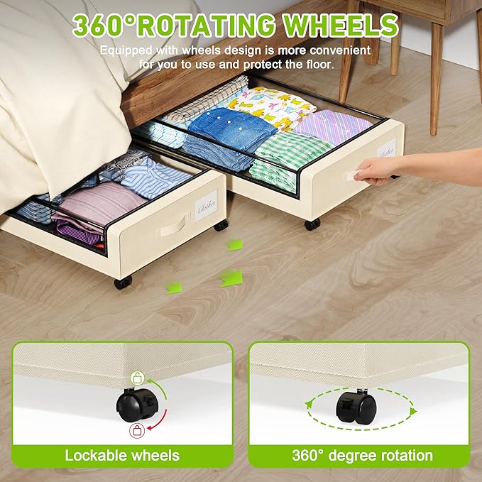 Tututry Under Bed Storage with Wheels, XXL 60L Under the Bed Storage Bins, Underbed Storage Containers with Lids & Label, Rolling Metal Drawer for Shoes, Clothes, Books, Toys (4-Pack Beige)