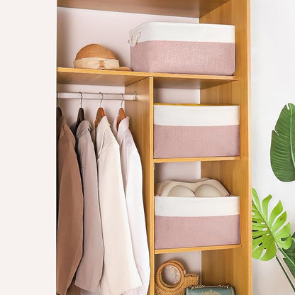 Storage Bins with Sturdy Cotton Handles(3 Pack), Fabric Storage Baskets for Organizing use for Office & Home, Book, Clothes, Toys, Closet Boxes(Medium, Pink-White, 14.2x10.2x7.1 inches)