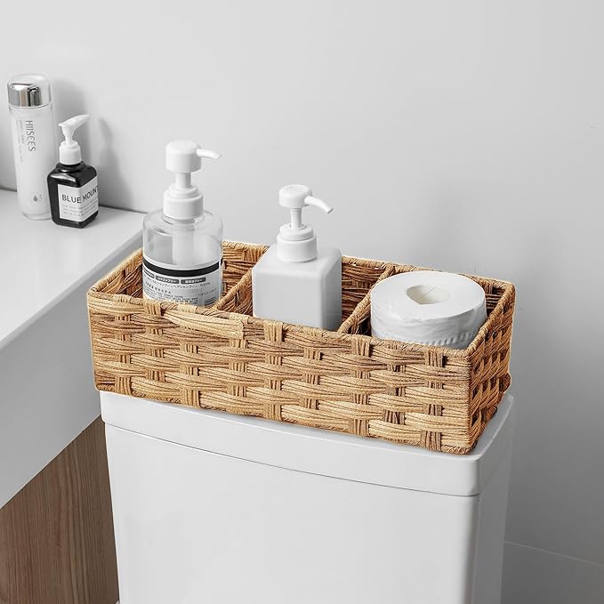Toilet Tank Topper Paper Basket Multiuse Hand Woven Plastic Wicker Basket Bins with Divider for Shelves Rustic Farmhouse Bathroom Decor Countertop Light yellow