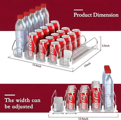 Self-Pushing Beverage Organizer for Fridge – Adjustable Spring Loaded Drink Dispenser & Soda Can Organizer – Clear Glide Rack Fits Cans, Bottles, Slim & Standard Sizes for Kitchen Pantry (5 Rows)