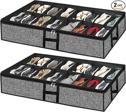 Under Bed Shoe Storage Organizer for Closet 2 Pack Fits 32 Pairs Underbed Shoes Container Boxes with Sturdy H-Handles, Foldable Shoe Rack Holder,Black