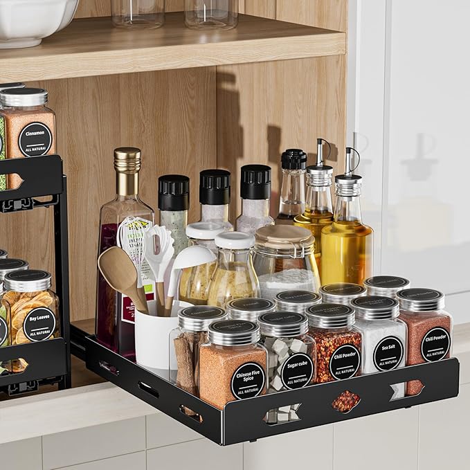 BOIVSHI Pull Out Spice Rack Organizer for Cabinet, Heavy Duty Spice Organizer, Vertical Spice Rack Organizer for Kitchen, Cabinet, Pantry (10.5''Wx10.5''Dx2.8''H, Metal Black)