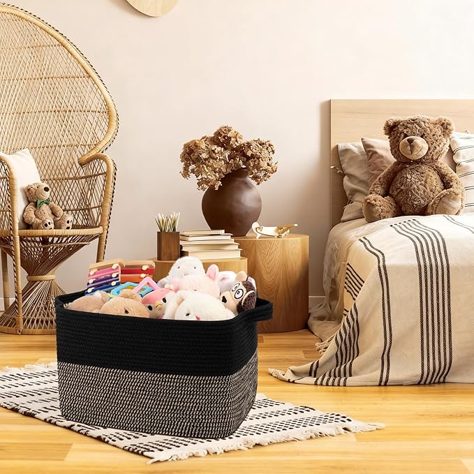 OIAHOMY Woven Storage Basket for Shelves, Rectangle Cotton Rope Baskets for Organizing, 16 x 12 x 10 in, Storage Bins for Dog Toys,Towel,Books,Gift,Black and Brown