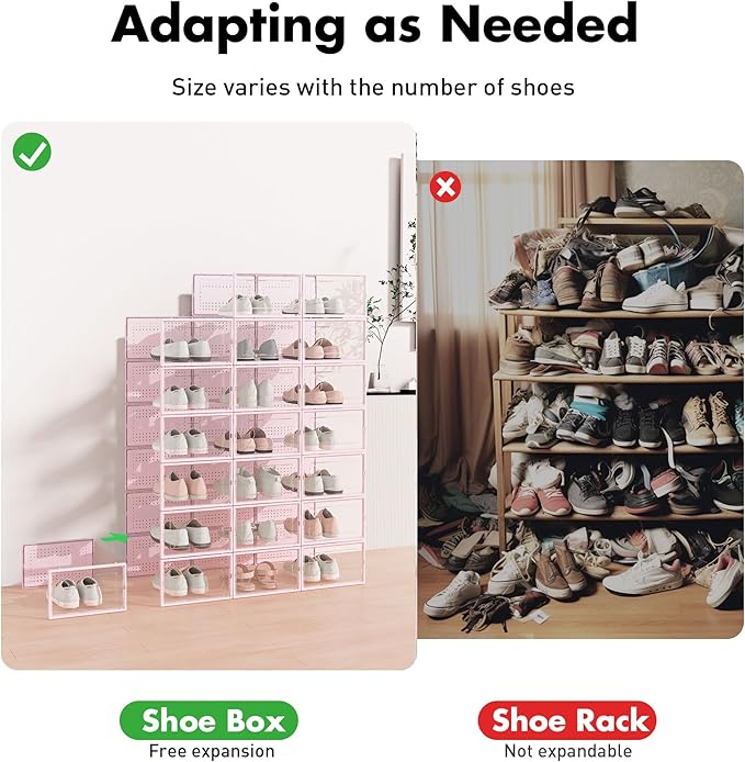Foluck Shoe Storage Box, 15 Pack Clear Plastic Stackable Shoe Organizer for Closet, Interlocking Design Shoe Container Bins for Sneakers, Foldable Shoe Rack with Lids, Pink