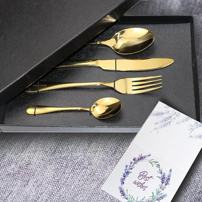 Custom Engraved Cutlery,Customized Tableware Set With Gift box, Personalized Lettering Name Fork/Knife/Spoon Stainless Steel Cutlery, Customized Gifts For Mama Nana Papa. (Gold)