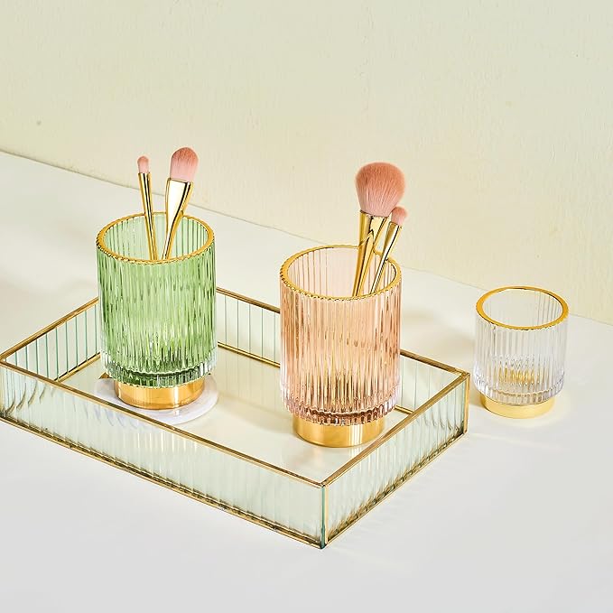 Makeup Brush Holder Organizer,Toothbrush Holders,Desk Pen Pencil Holder,Multifunctional Vintage Glass Brush Cup（L/Green/A3-6-US）