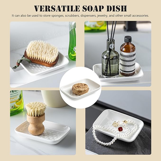 Gomakren Ceramic Soap Dish, Non-Slip Shower Soap Holder for Bathroom & Kitchen Sink, Bathroom Decor, Soap Saver Tray for Bar Soap Sponge, 5.5 Inch, White