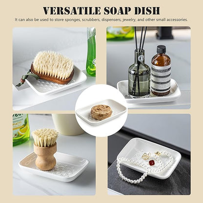 Gomakren Ceramic Soap Dish, Non-Slip Shower Soap Holder for Bathroom & Kitchen Sink, Bathroom Decor, Soap Saver Tray for Bar Soap Sponge, 5.5 Inch, White
