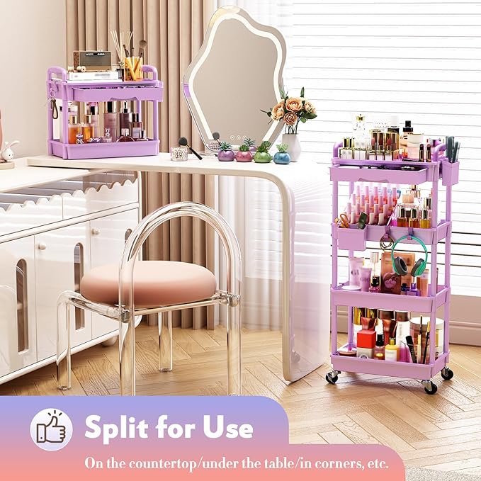SUNALLY Makeup Cart Organizer with Drawers, 4 Tier Floor Skincare Organizers for Vanity, Rolling Makeup Bathroom Storage Cart Cosmetics Display Cases for Skin Care Perfume Nail Polish, Purple