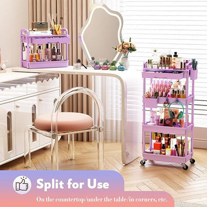 SUNALLY Makeup Cart Organizer with Drawers, 4 Tier Floor Skincare Organizers for Vanity, Rolling Makeup Bathroom Storage Cart Cosmetics Display Cases for Skin Care Perfume Nail Polish, Purple