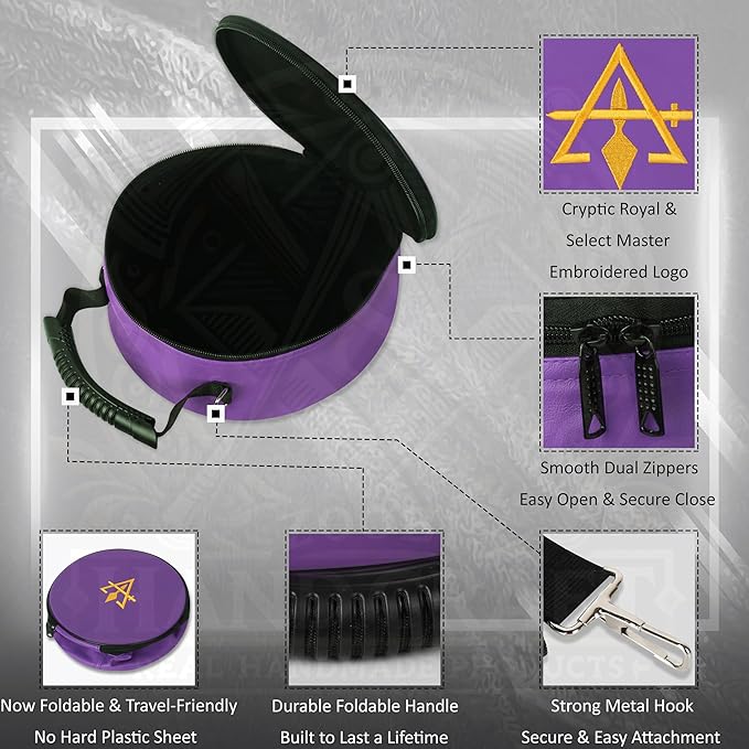 Masonic Cryptic Masons Crown Cap Case – 9”x9” Purple Embroidered (R&SM Emblem) Freemason Hat Box Foldable Design with Shoulder Strap & Cotton Gloves – Lightweight & Travel-Friendly