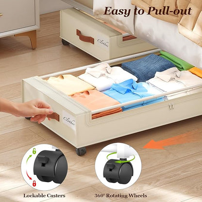 Yecaye 70 L Under Bed Storage with Wheels, 3 Pack Larger Capacity Under Bed Storage Containers, Underbed Shoe Storage Organizer, Rolling Under Bed Metal Drawers for Clothes, Blankets, Beige