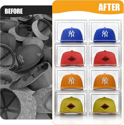 SCAVATA Hat Organizer Box, Stackable Clear Baseball Caps Holder Box Containers with Magnetic Door for Hats Snapback Cap Storag, Hat Rack Display Case, Holds 8 Hats Each (Clear, 2 Pack)