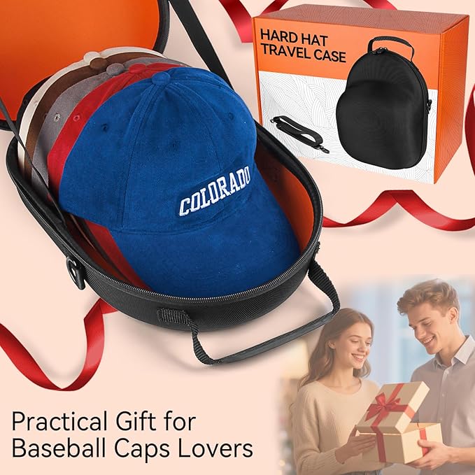 Travel Hat Case for Baseball Caps, Hardshell Hat Case with Carrying Handle and Adjustable Shoulder Strap, Baseball Cap Hat Holder for 6 Hat Capacity,Travel Accessories for Men with Gifted Box