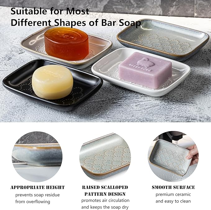 Gomakren Ceramic Soap Dish with Raised Scalloped Design, Versatile Soap Holder & Tray for Bathroom and Kitchen Sink, Prevents Soggy Soap, Rustic Modern Decor, Easy to Clean, Gray (5.59" x 4.02")