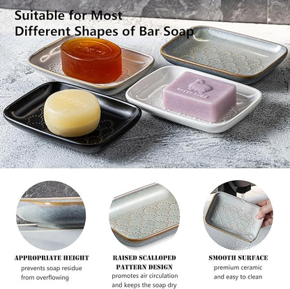 Gomakren Ceramic Soap Dish with Raised Scalloped Design, Versatile Soap Holder & Tray for Bathroom and Kitchen Sink, Prevents Soggy Soap, Rustic Modern Decor, Easy to Clean, Gray (5.59" x 4.02")