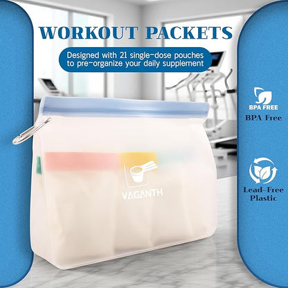 Protein Powder Travel Container Set,Reusable Powder Supplement Container To Go,21Pcs Single Dose Bags & 3Pcs Large Zip Bags,Portable Travel Containers with Funnel,Spoon