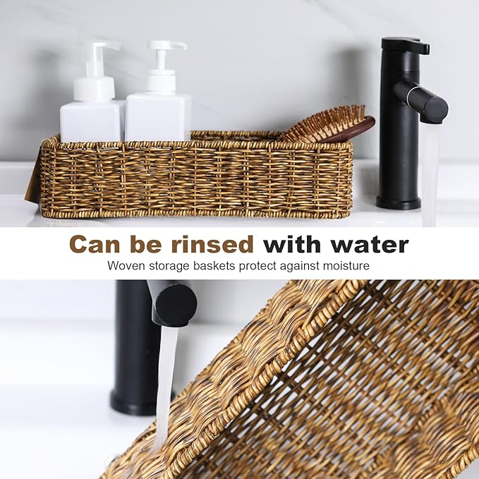 Small Wicker Basket for Toilet: Waterproof Storage Basket Organizing Over Tank Topper Tan 2pack
