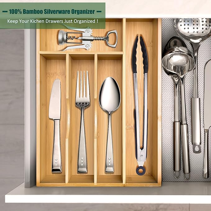 guiogc Bamboo Silverware Drawer Organizer, Silverware Organizer, Silverware Utensil Tray Holder and Cutlery Tray for Flatware and Kitchen Utensils