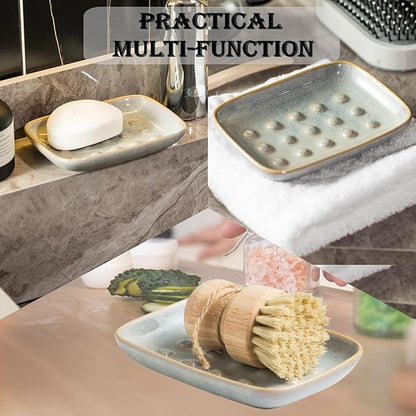 Soap Dish for Shower, Ceramic Soap Dish for Large Soap Bars, Non-Slip Soap Holder & Saver Tray with Floating Point Design for Bathroom, Shower, Kitchen Sink, Save Soap Loss (Pack of 2)