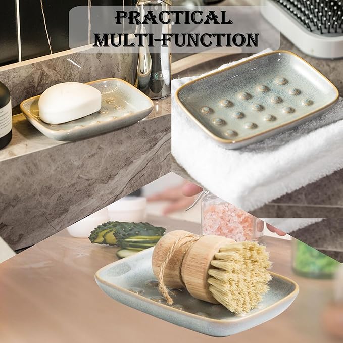 Soap Dish for Shower, Ceramic Soap Dish for Large Soap Bars, Non-Slip Soap Holder & Saver Tray with Floating Point Design for Bathroom, Shower, Kitchen Sink, Save Soap Loss