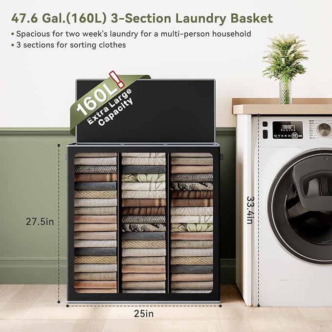 SOLEDI 160L Laundry Hamper 3 Section, Extra Large Laundry Hamper with Lid, Dirty Clothes Hamper with Sturdy Handle, Large Laundry Basket Organizer for Laundry Room, Bedroom, Hampers for Laundry