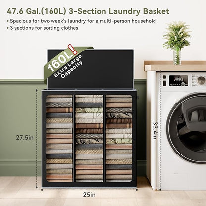 SOLEDI 160L Laundry Hamper 3 Section, Extra Large Laundry Hamper with Lid, Dirty Clothes Hamper with Sturdy Handle, Large Laundry Basket Organizer for Laundry Room, Bedroom, Hampers for Laundry