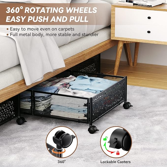 PHINOX Under Bed Storage, Under the Bed Storage Containers with Wheels, Under Bed Shoe Storage Organizer Drawer for Bedroom Clothes Shoes Blankets -4Pack