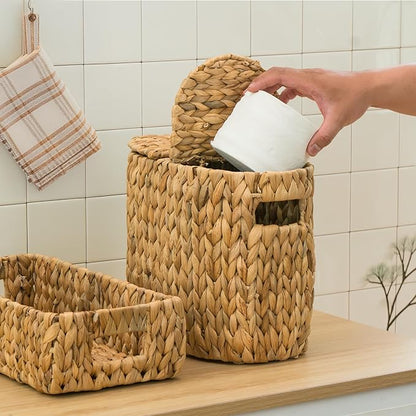 KOKODO Water Hyacinth Toilet Paper Storage Basket with Buit-in Handles, Free Standing with lid Storage Basket for Toilet Paper or Magazines, Toiletries, Cleaning Supplies Holder